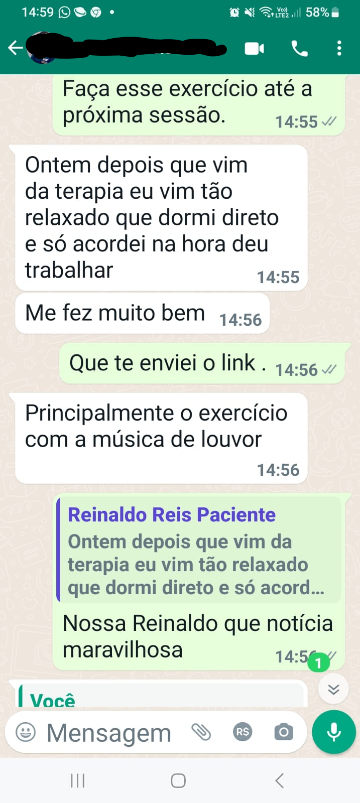 Depoimento do paciente 1 falando da boa experiência na terapia.