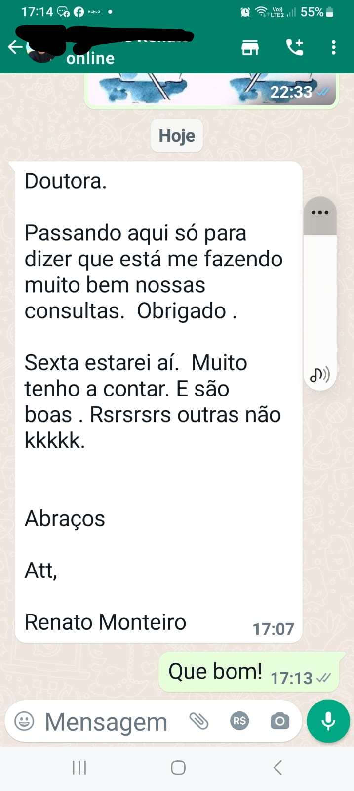 Depoimento do paciente 2 falando da boa experiência na terapia.