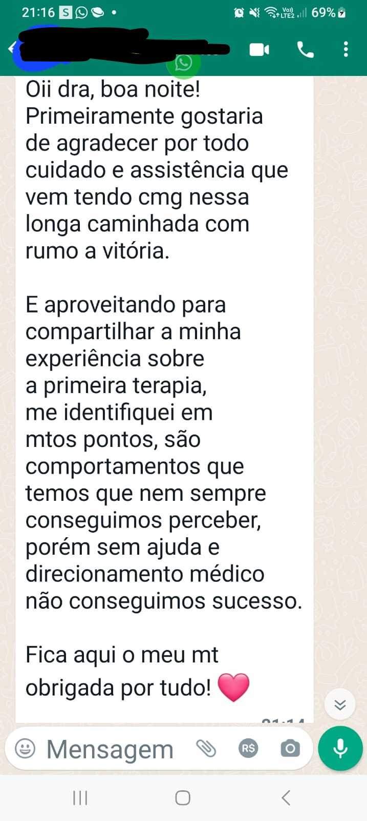 Depoimento do paciente 3 falando da boa experiência na terapia.